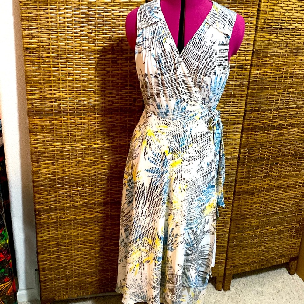 EUC H by Halston white yellow black blue leaf print wrap hi/low maxi dress